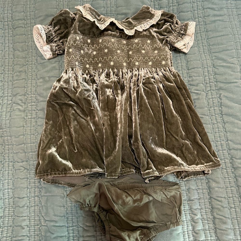 Velvet Smocked Dress Set in Olive Green - Kids Matching Sets